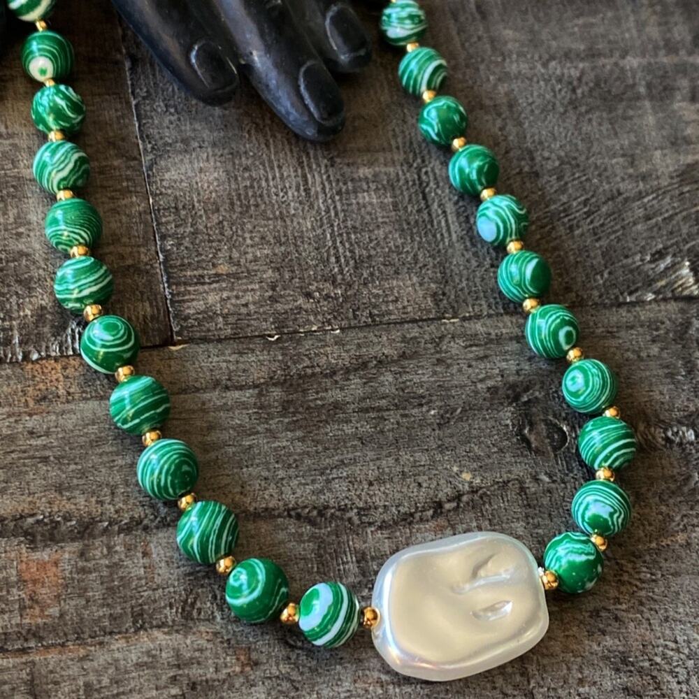 NEW Chunky Pearl & Malachite Beaded Necklace